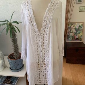 La Blanca Resort Wear white crochet lace trim tunic; deep v-neck cover-up